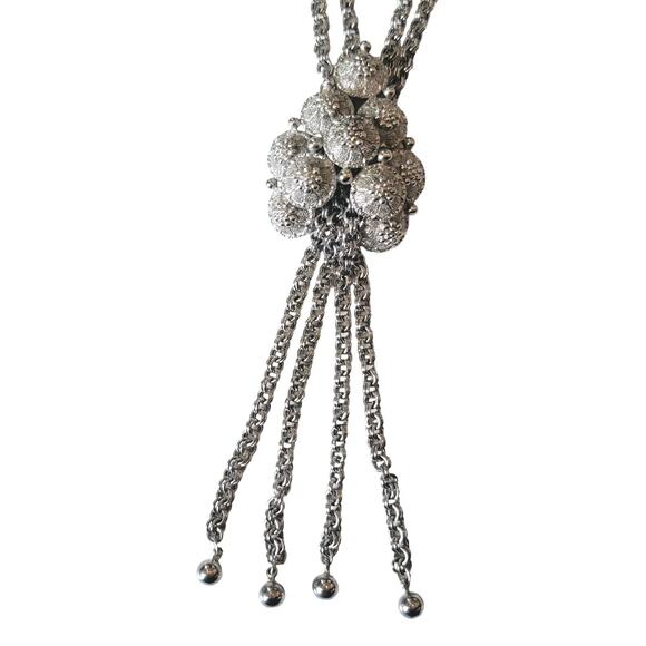 Vintage Crown Trifari Lariat Necklace Silver Tone Double Strand Pendant Dangle - Picture 5 of 7